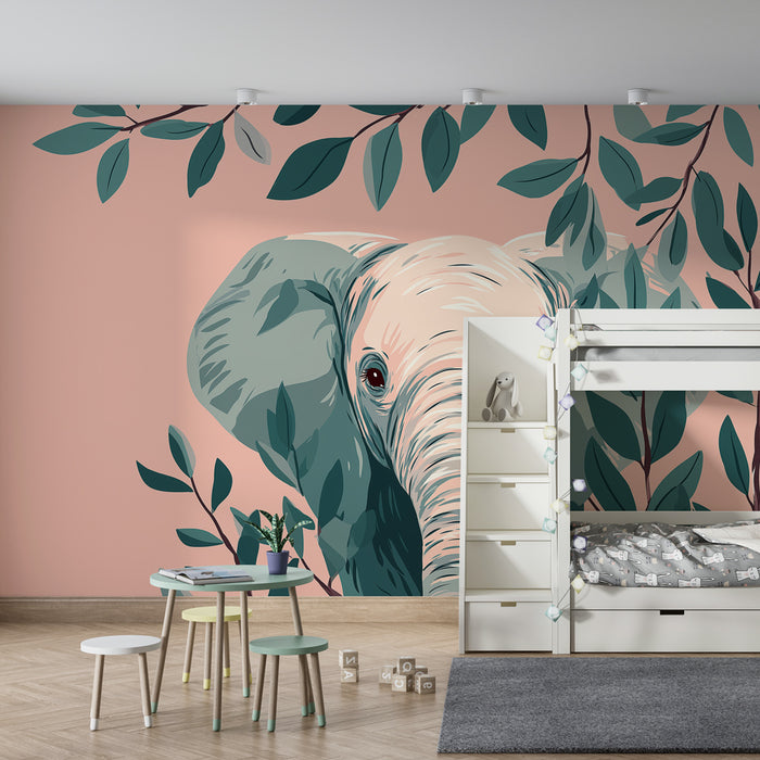 Papier peint chambre bébé | Élégant éléphant et feuillage tropical