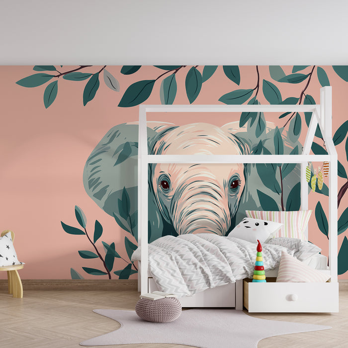 Papier peint chambre bébé | Élégant éléphant et feuillage tropical