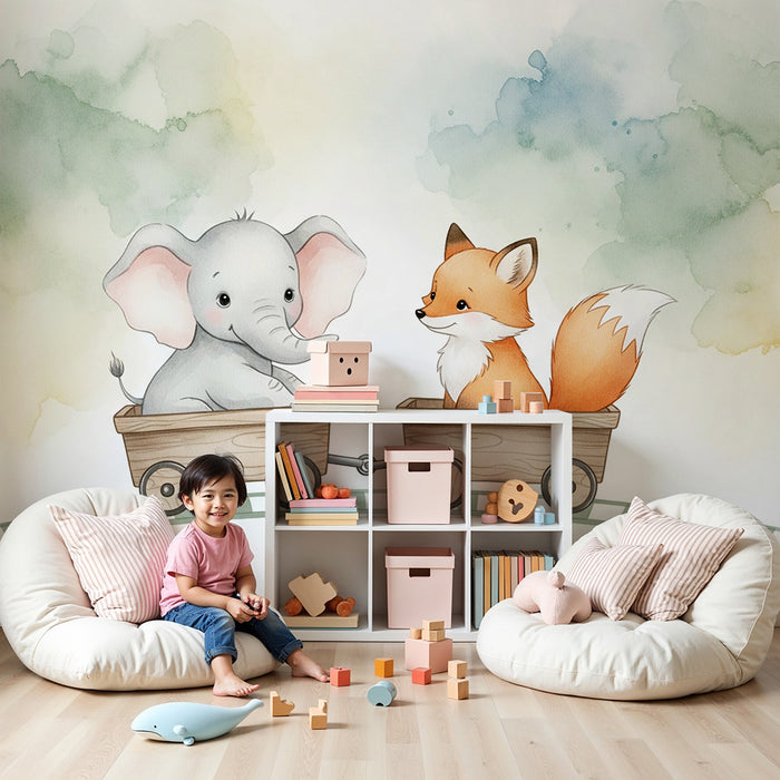 Lastenhuoneen tapetti | Tyylikäs elefantti ja kettu matkalla