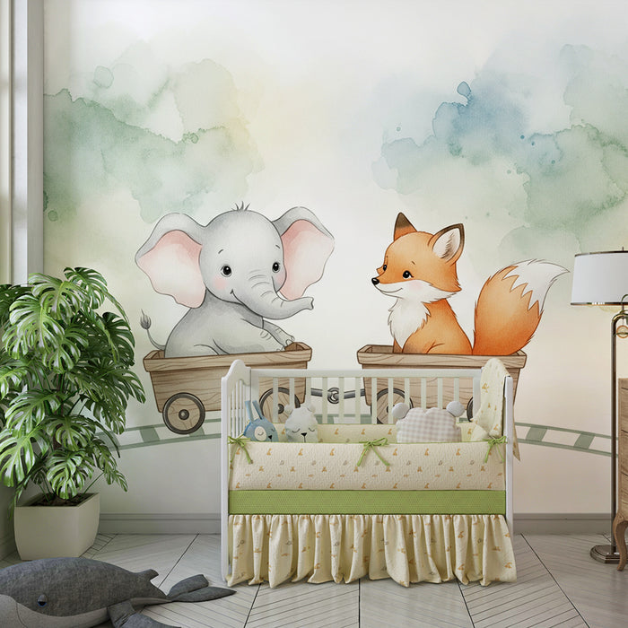 Lastenhuoneen tapetti | Tyylikäs elefantti ja kettu matkalla