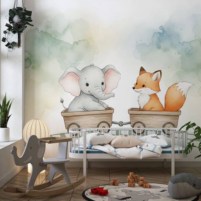 Lastenhuoneen tapetti | Tyylikäs elefantti ja kettu matkalla
