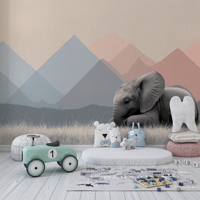 Papel de parede quarto bebê | Елегантен слон върху пастелни планини