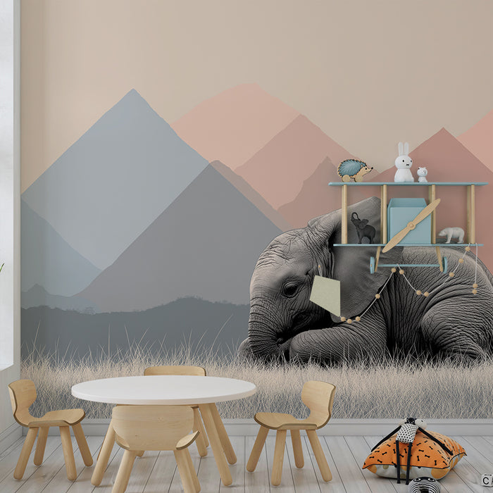 Papel de parede quarto bebê | Елегантен слон върху пастелни планини