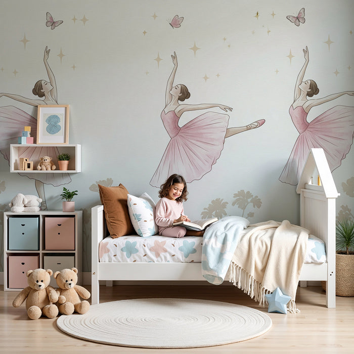 Papel de parede quarto bebê | Elegantes sapatilhas de ballet num jardim florido