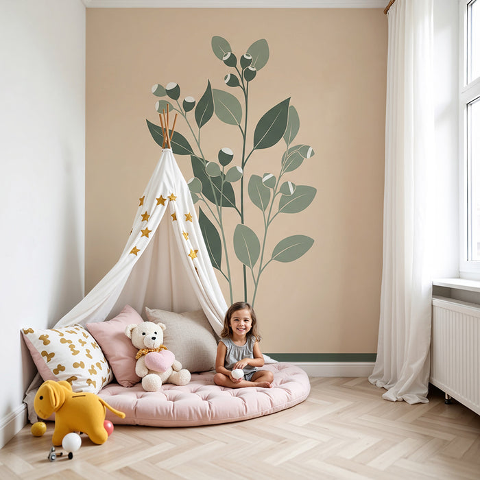 Papier peint chambre bébé | Élégantes feuilles et baies sur fond doux