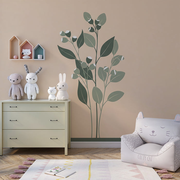 Papier peint chambre bébé | Élégantes feuilles et baies sur fond doux