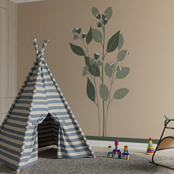 Papier peint chambre bébé | Élégantes feuilles et baies sur fond doux