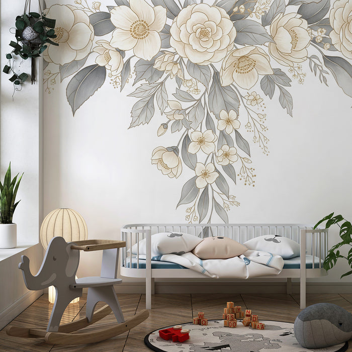 Papel de parede quarto bebê | Elegantes flores brancas e folhagem delicada