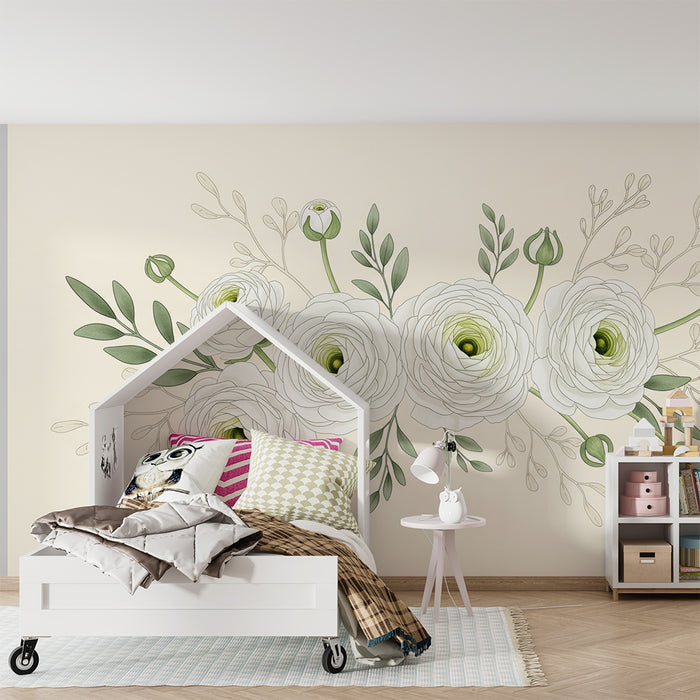 Papel de parede quarto bebê | Elegantes flores brancas e folhagem delicada