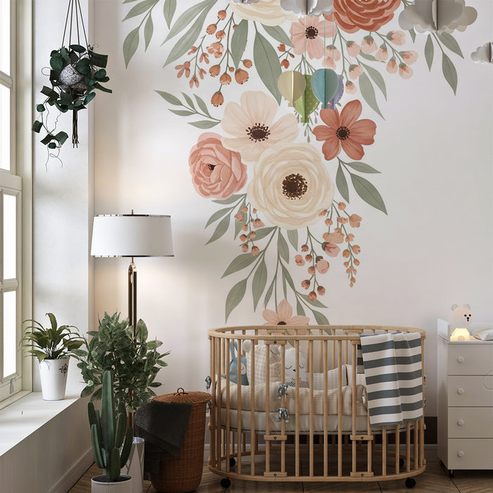 Barntapet | Eleganta pastellblommor på vit bakgrund