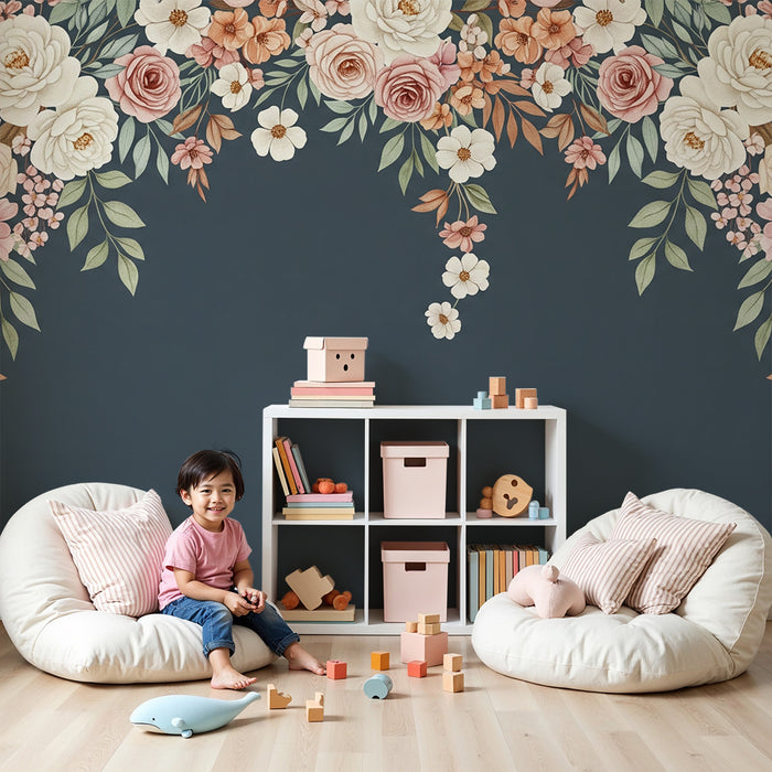 Barntapet | Eleganta pastellblommor på en mörkblå bakgrund