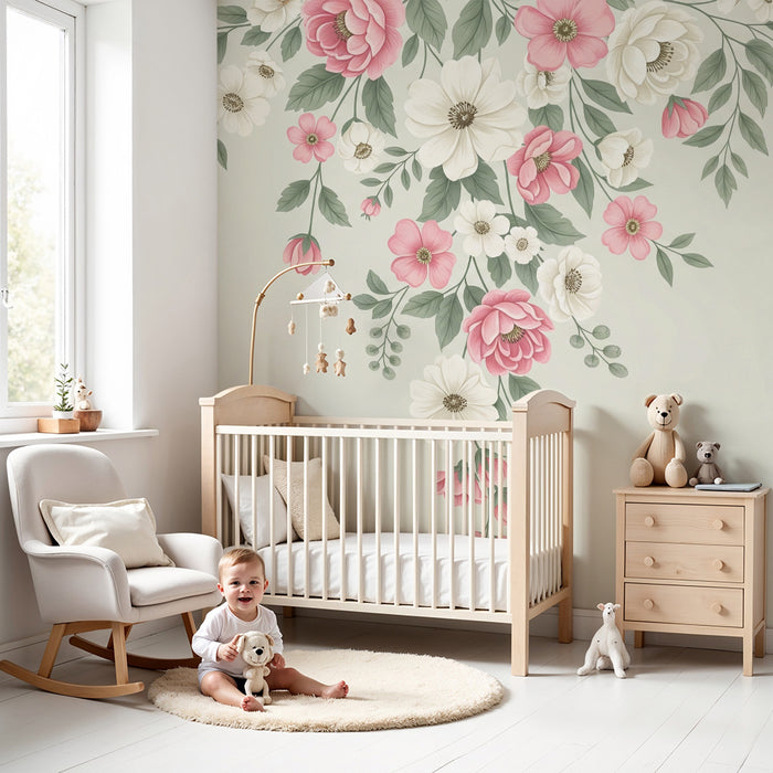 Nursery room wallpaper | Elegáns pasztell virágok puha háttérrel