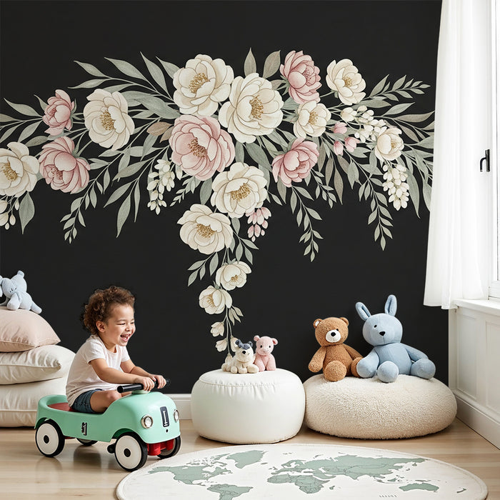 Børneværelse tapet | Elegante pastelfarvede blomster på sort baggrund