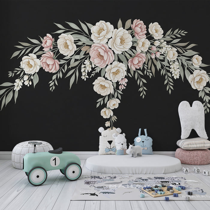 Børneværelse tapet | Elegante pastelfarvede blomster på sort baggrund