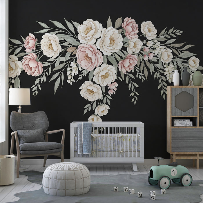 Børneværelse tapet | Elegante pastelfarvede blomster på sort baggrund