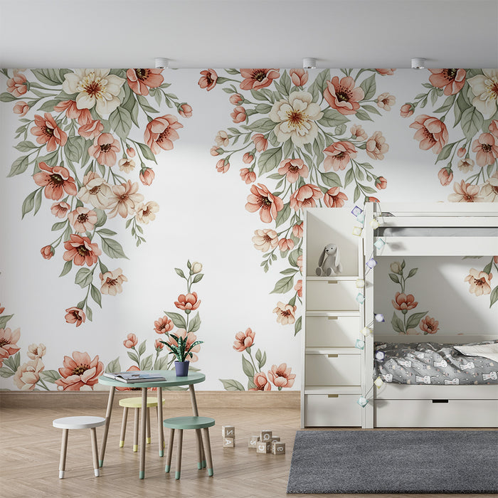 Tapet barnerom | Elegante rosa og hvite blomster på hvit bakgrunn