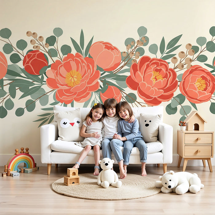 Papier peint chambre bébé | Élégantes pivoines corail et feuillage délicat