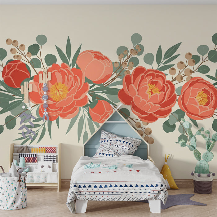 Papier peint chambre bébé | Élégantes pivoines corail et feuillage délicat