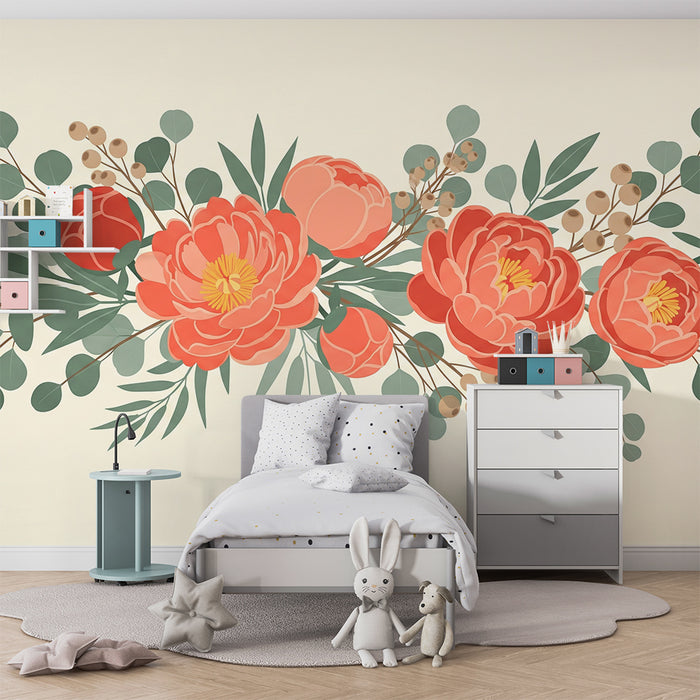 Papier peint chambre bébé | Élégantes pivoines corail et feuillage délicat