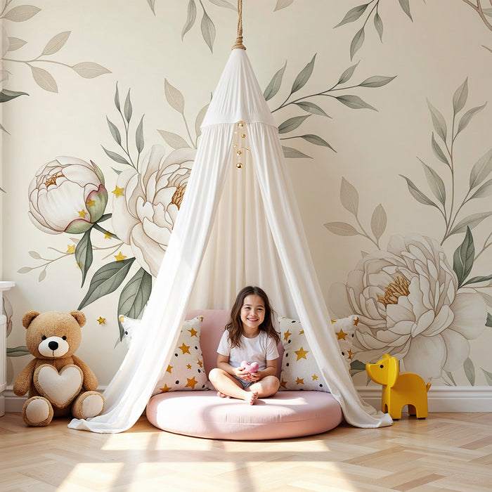 Børneværelse tapet | Elegante pæoner og delikat løvwerk