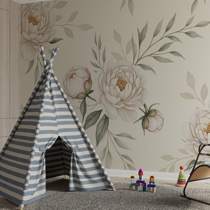 Børneværelse tapet | Elegante pæoner og delikat løvwerk