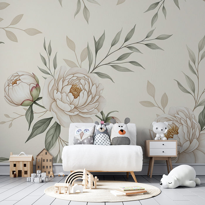 Børneværelse tapet | Elegante pæoner og delikat løvwerk