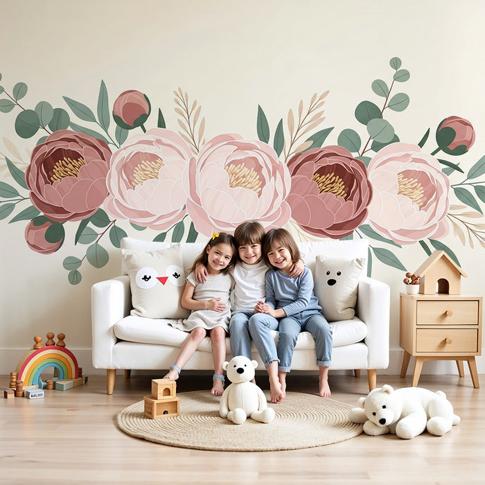 Dětské tapety do pokojíčku | Elegantní růžové pivoňky a jemná zeleň