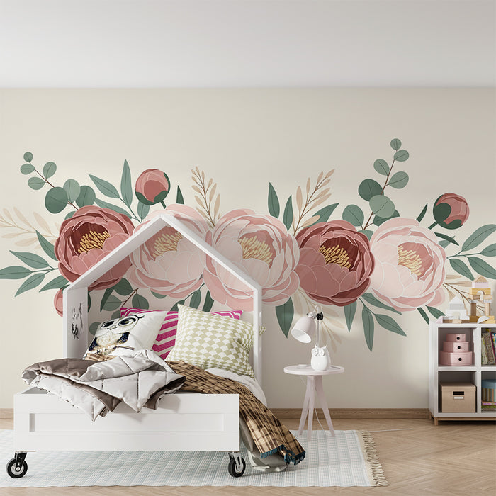 Dětské tapety do pokojíčku | Elegantní růžové pivoňky a jemná zeleň