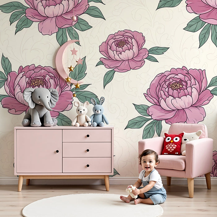 Nursery room wallpaper | Elegáns rózsaszín pünkösdi rózsák puha háttéren