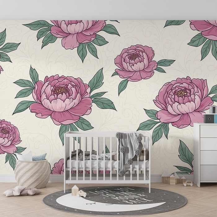 Nursery room wallpaper | Elegáns rózsaszín pünkösdi rózsák puha háttéren
