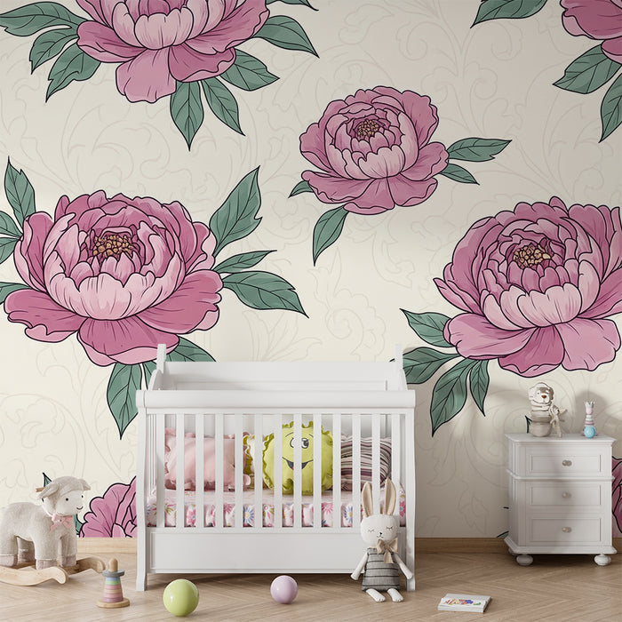 Nursery room wallpaper | Elegáns rózsaszín pünkösdi rózsák puha háttéren