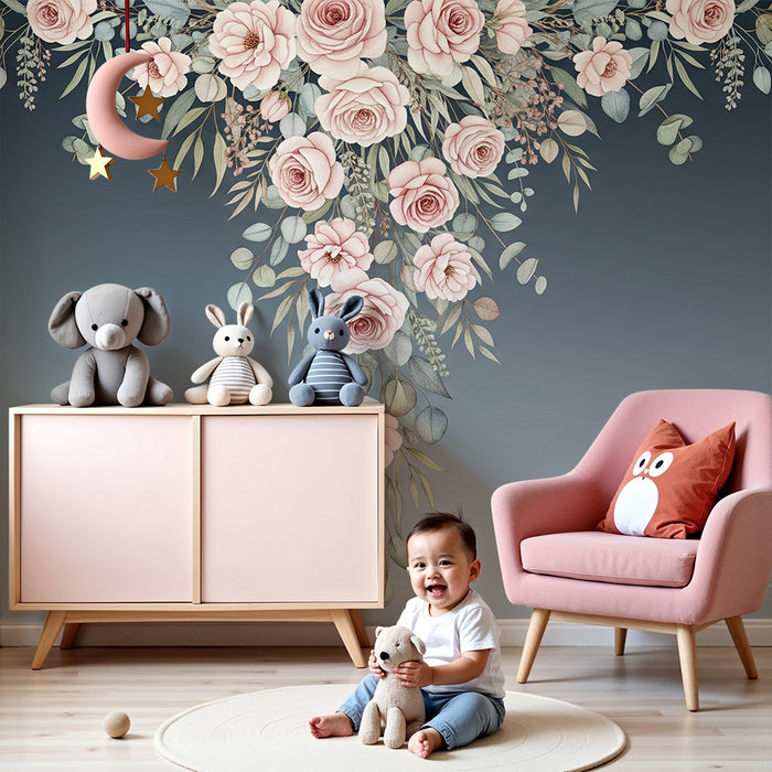 Papel de parede quarto bebê | Elegantes rosas e folhagem suave em fundo degradê