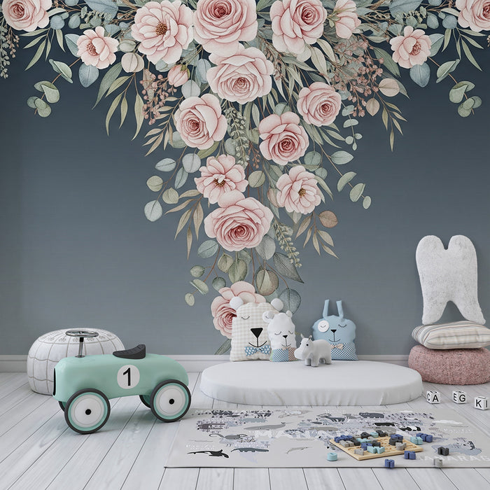 Papel de parede quarto bebê | Elegantes rosas e folhagem suave em fundo degradê