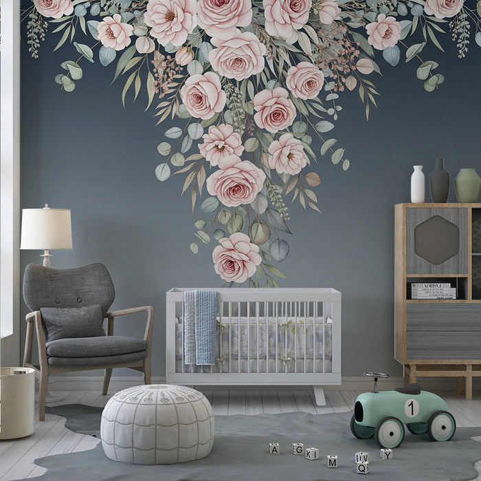 Papel de parede quarto bebê | Elegantes rosas e folhagem suave em fundo degradê