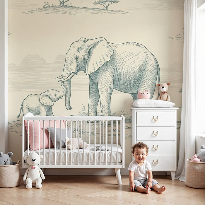 Papier peint chambre bébé | Élégants éléphants dans un paysage serein