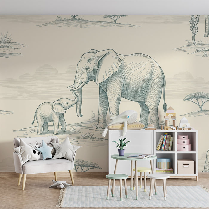 Papier peint chambre bébé | Élégants éléphants dans un paysage serein