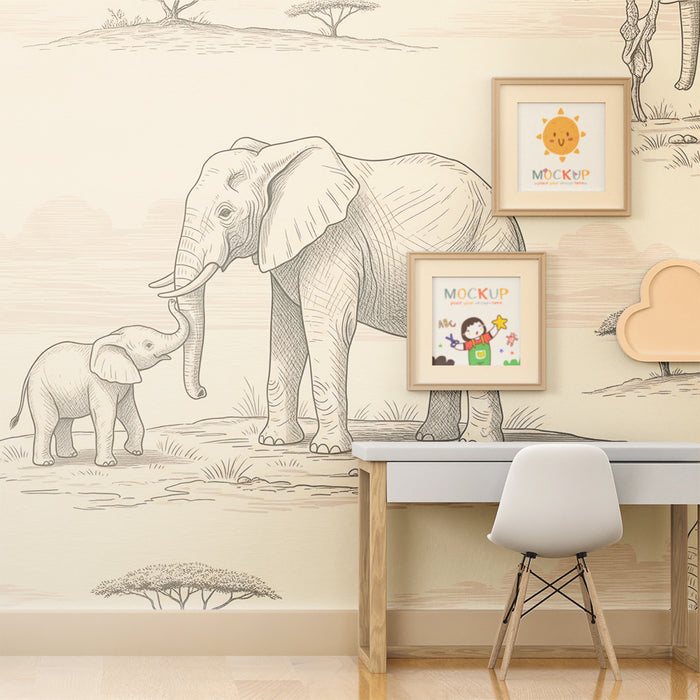Papier peint chambre bébé | Élégants éléphants dans un paysage serein