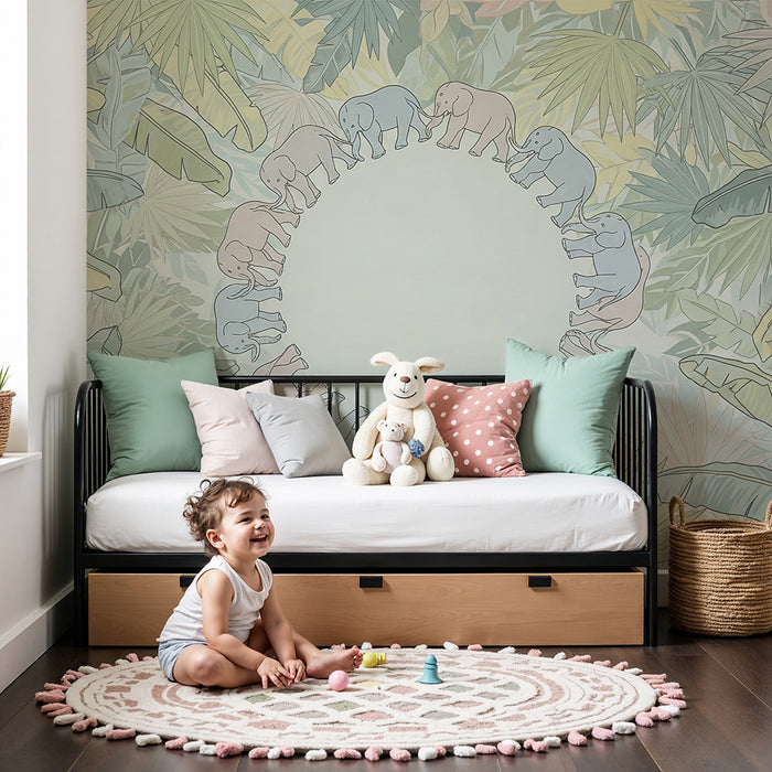 Papier peint chambre bébé | Élégants éléphants entourés de feuillage tropical