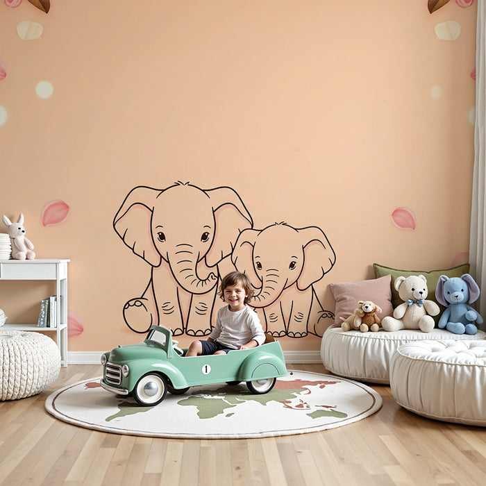 Papier peint chambre bébé | Élégants éléphants entourés de fleurs pastel