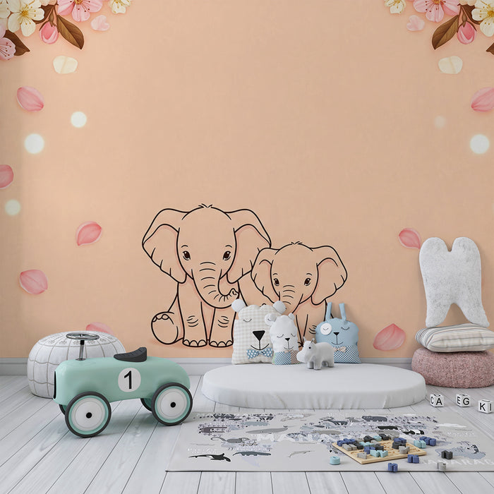 Papier peint chambre bébé | Élégants éléphants entourés de fleurs pastel