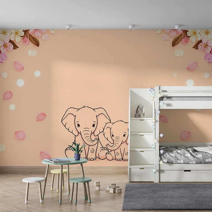Papier peint chambre bébé | Élégants éléphants entourés de fleurs pastel