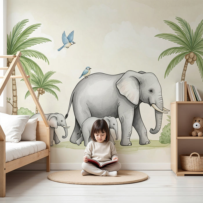 Papel pintado para habitación infantil | Elegantes elefantes y palmeras en un ambiente relajante