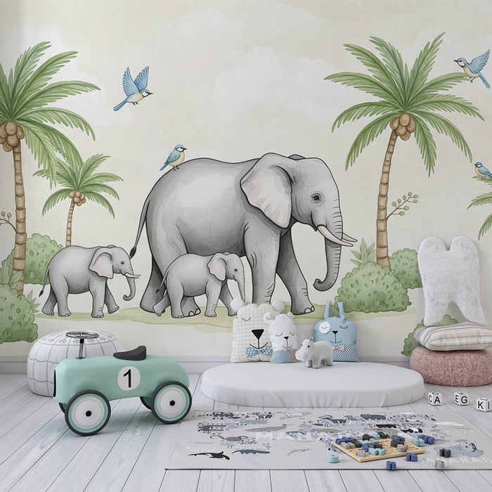 Papel pintado para habitación infantil | Elegantes elefantes y palmeras en un ambiente relajante