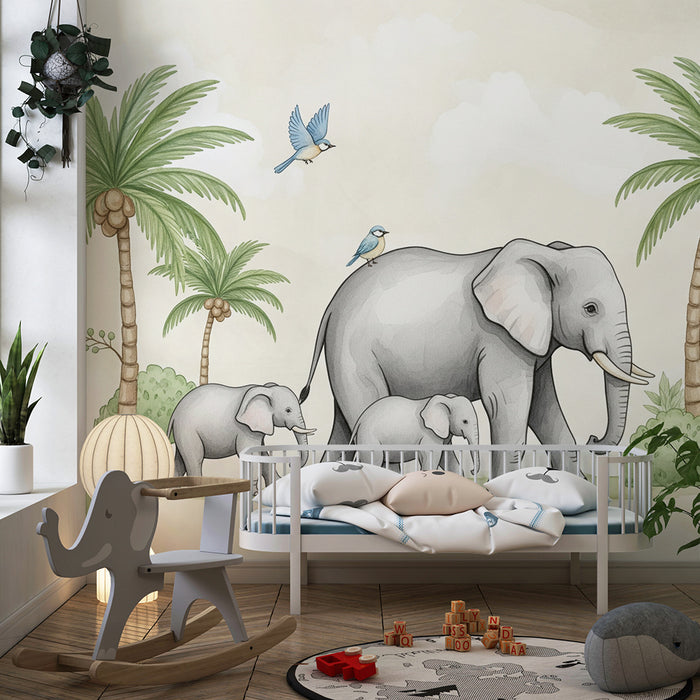 Papel pintado para habitación infantil | Elegantes elefantes y palmeras en un ambiente relajante