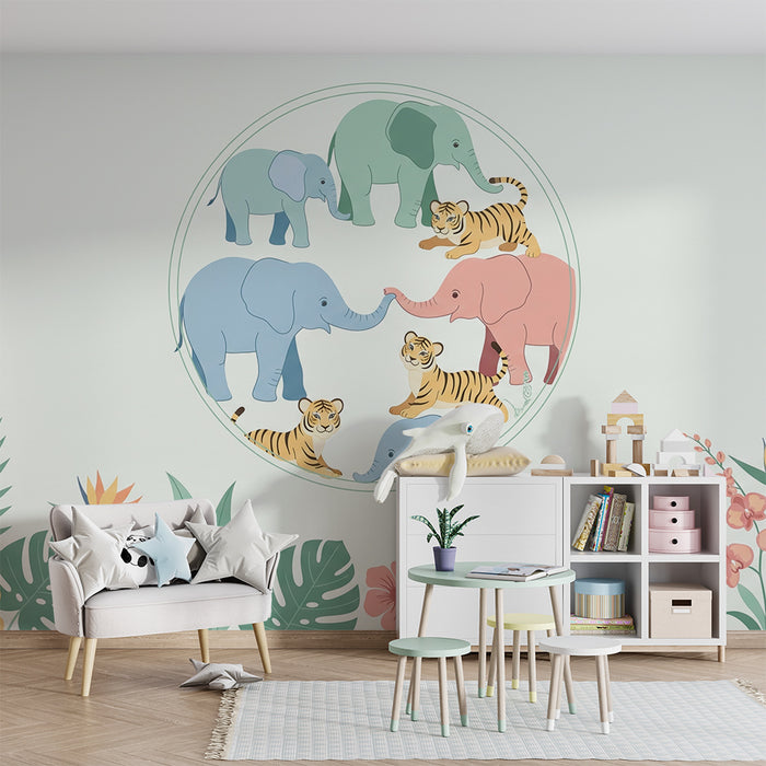 Nursery room wallpaper | Elegant elephants and tigers in a tropical setting
