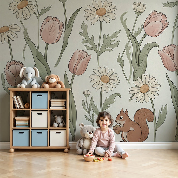 Papier peint chambre bébé | Éléments floraux délicats avec un écureuil espiègle