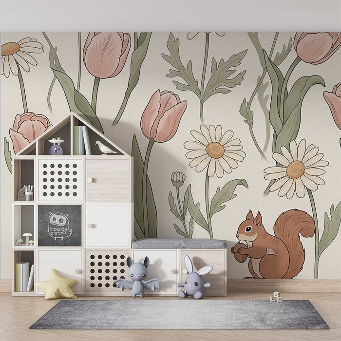 Papier peint chambre bébé | Éléments floraux délicats avec un écureuil espiègle