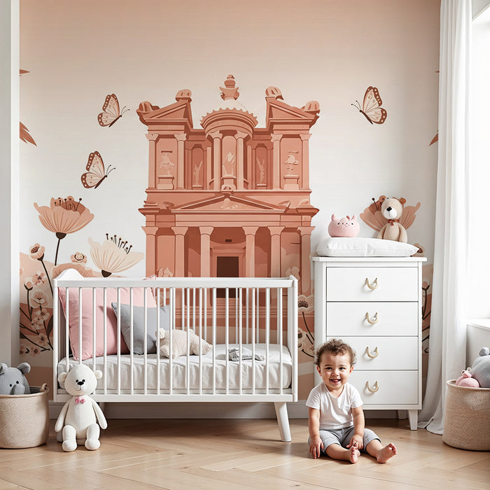 Papier peint chambre bébé | Éléments floraux et architecture douce dans des tons pastel