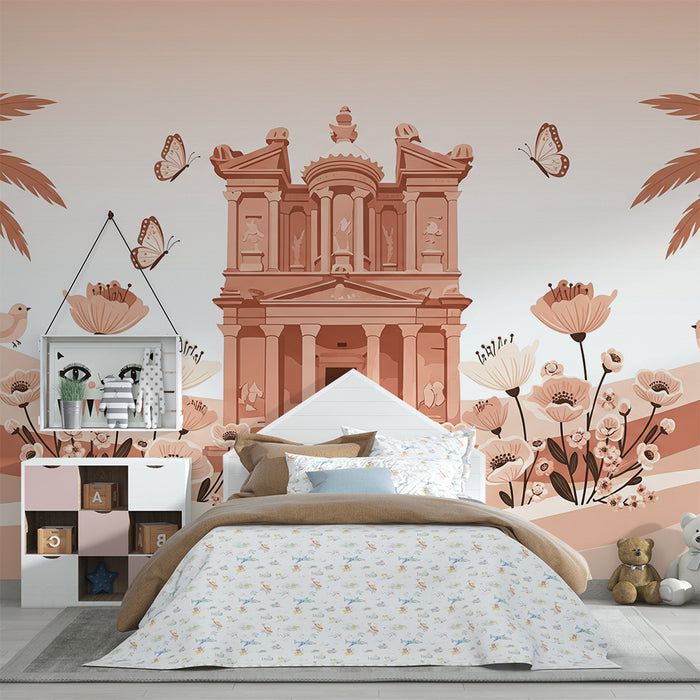Papier peint chambre bébé | Éléments floraux et architecture douce dans des tons pastel