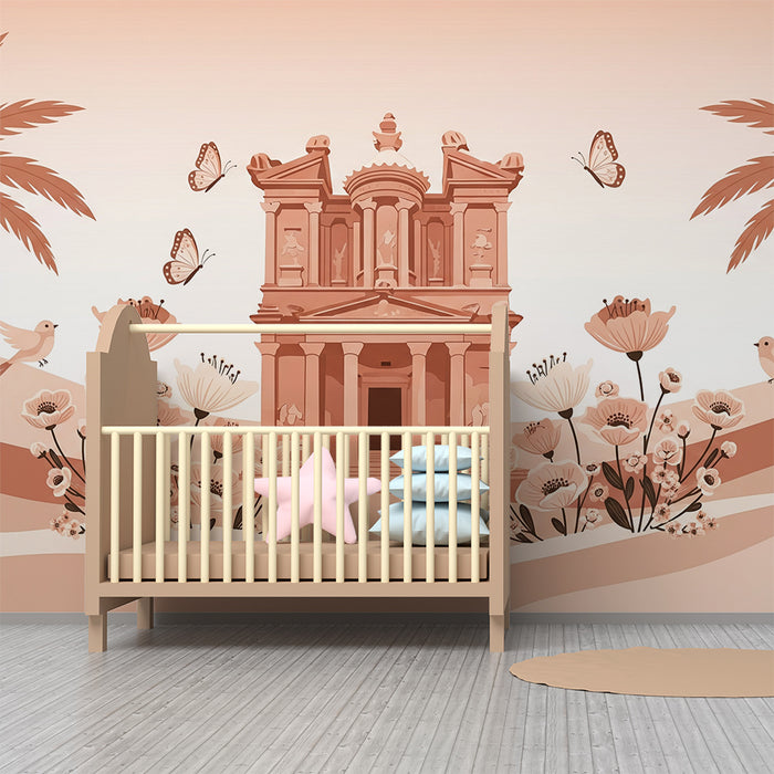 Papier peint chambre bébé | Éléments floraux et architecture douce dans des tons pastel